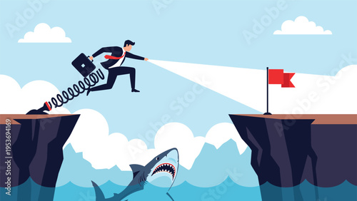 Business challenge and risk management concept showing a man jumping over shark infested waters towards a flag using a spring and light.