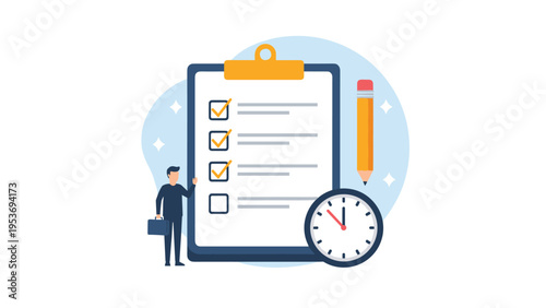 Time management and task completion concept showing a businessman standing next to a giant clipboard checklist and a round clock.