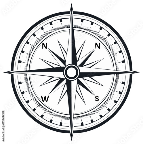 Detailed Compass Rose Nautical Navigation Tool Black and White Vector Illustration Direction Instrument