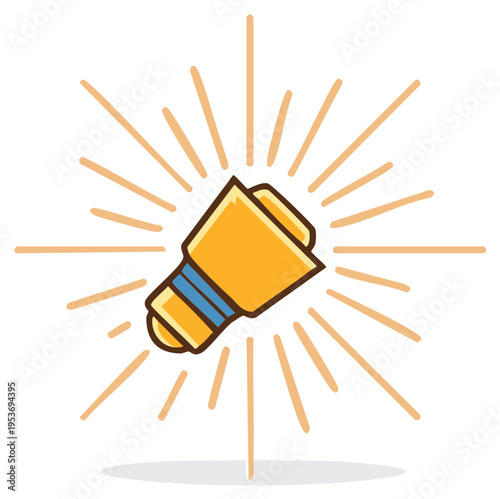 Cartoon yellow megaphone or bullhorn icon making a loud announcement with sound rays