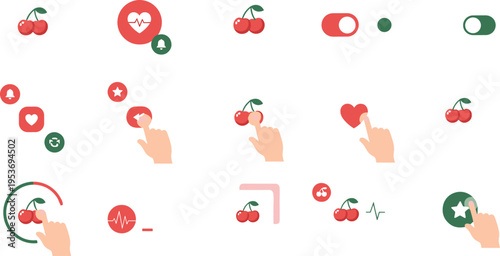 Cherry App UI Interaction Set with Like Buttons, Toggles and Touch Gestures, Modern Interface Elements for Mobile Design, Health Tracking and Social Media Vector Illustration