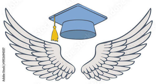 Blue Graduation Cap with Wings Symbolizing Achievement and Success