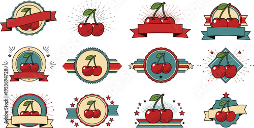 Cherry Label Badge Set with Retro Ribbons and Vintage Frames, Sweet Fruit Emblems for Packaging, Jam Branding, Stickers and Organic Food Vector Design