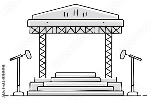 Hand drawn doodle illustration of an empty concert stage with trusses and microphones