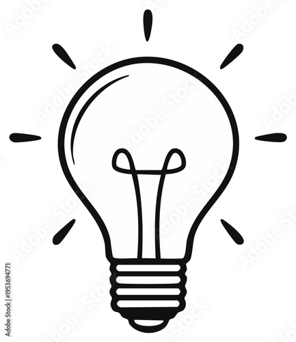 Simple outline of a glowing incandescent light bulb symbolizing innovation and inspiration with emanating rays