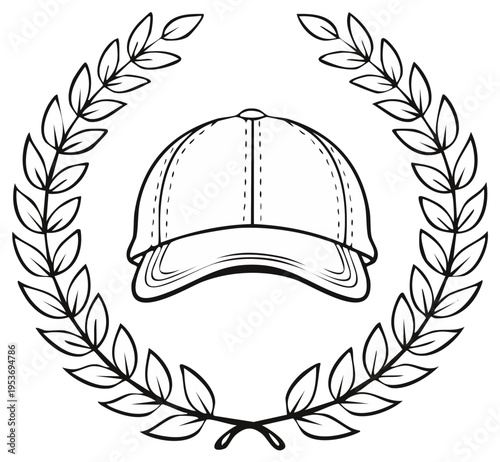 Line art baseball cap emblem with laurel wreath outline symbol