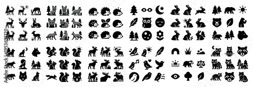 Forest icons with fox hedgehog owl silhouette
