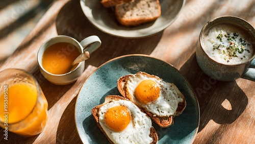 fried eggs on toast with beverages