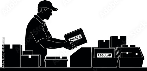 Warehouse Worker Silhouette Sorting Fragile and Regular Packages | Logistics Courier Professional | Homo sapiens (Human)