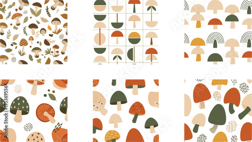 Mushroom Seamless Pattern Set with Abstract Botanical Shapes, Autumn Forest Elements in Modern Minimal Style for Textile, Packaging and Nature Inspired Vector Design