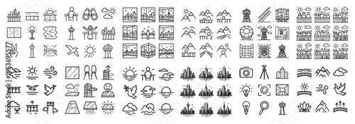 Travel icons with mountain city binoculars outline