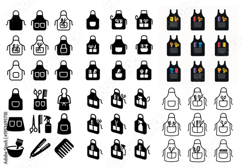 Work apron icons with scissors bowl comb minimal