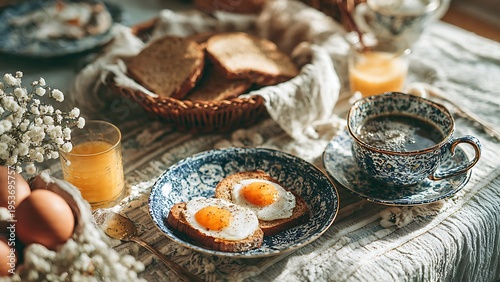 breakfast with eggs toast and orange juice