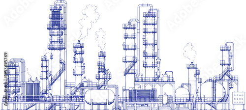 Natural Gas Processing Plant with Distillation Towers, Hand-Drawn Illustration