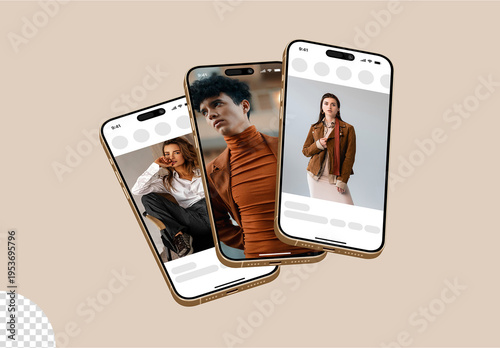 Multi Screen Phone Social Media Post and Stories Feed Ui Ux App Web Mockup