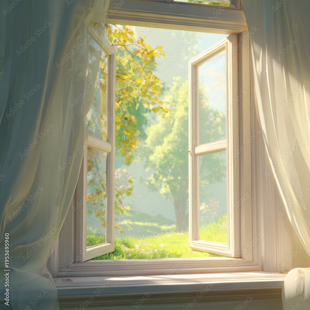 Obraz premium Cozy interior with open white window frame showing green trees and bright light during a sunny day in spring
