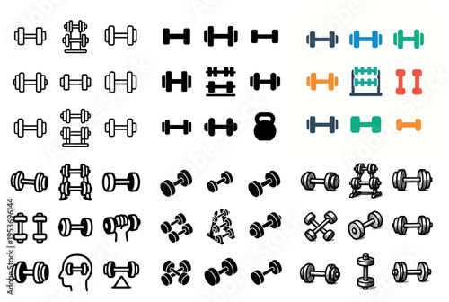 Strength icons with dumbbell barbell kettlebell outline