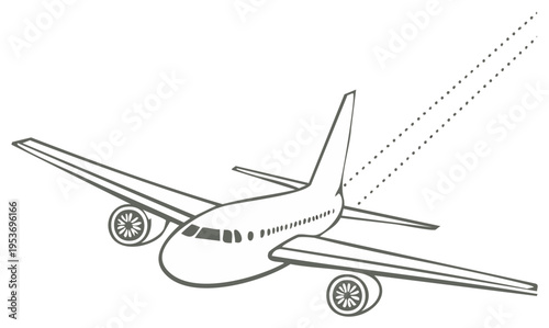 Commercial airplane flying with contrail trails behind it in a simple line drawing style
