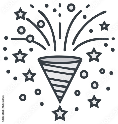 Party popper illustration with stars and confetti elements