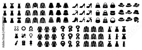 Fashion icons with dress skirt bag outline