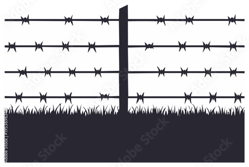 Barbed wire fence silhouette above grassy patch, representing a border or boundary isolated