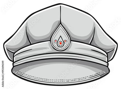 Stylish Peaked Hat Illustration Gray and White Headwear Design Simple Badge Details with Red Accents Cap Style Headgear Uniform Element