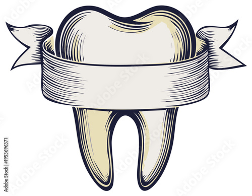 Engraved tooth graphic with ribbon banner, dental care concept