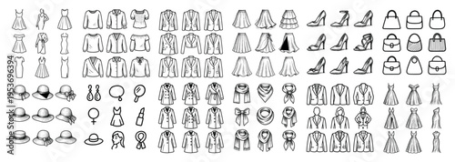Fashion icons with dress jacket hat outline