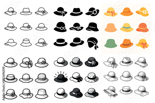 Hat icons with ribbon brim flower colorful flat