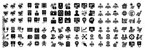 Solar icons with panels battery monitor solid