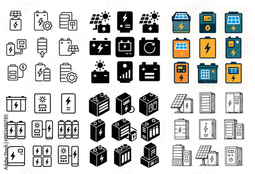 Solar energy icons with battery panel colorful