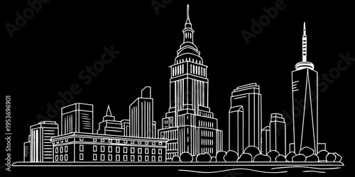 USA, US, U.S, United States - New York City skyline ultra minimalist svg black white thin line buildings flat vector clean silhouette
