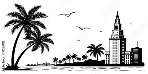 USA, US, U.S, United States - Miami skyline palm minimal svg flat vector black white silhouette
