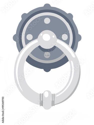 Antique ring door knocker with a round ornate base, vintage hardware, and a classic aesthetic