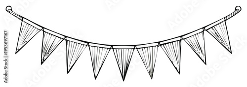 Monochrome bunting illustration with triangular flag pendants, a simple graphic line drawing for celebration or festive design