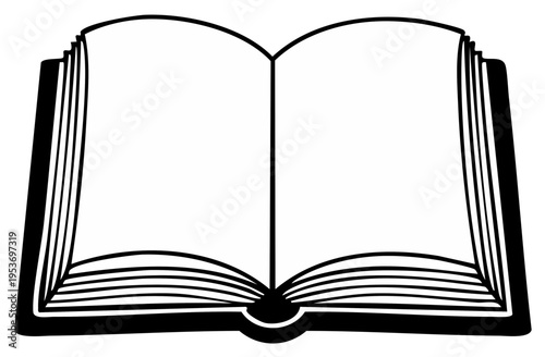 Open Book Black and White Illustration, Blank Pages for Text or Design, Reading Concept