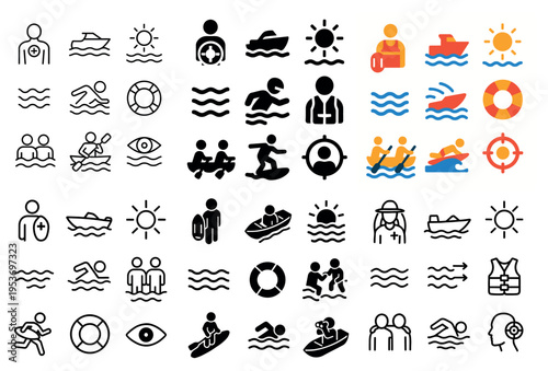 Safety icons with lifeguard life buoy swimmer outline