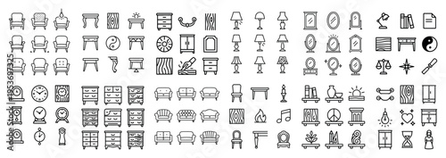 Home icons with clock chair lamp outline