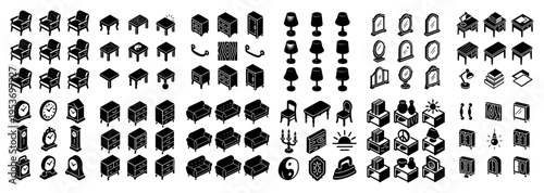 Furniture icons with chair lamp clock minimal monochrome