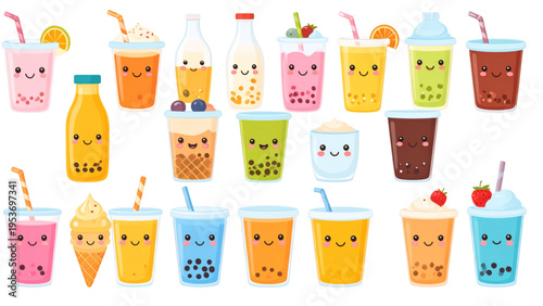 Refreshing summer drinks and ice cream cone with cute faces kawaii beverage vector set featuring soda bottle juice cup bubble tea milkshake cone cold sweet refreshment