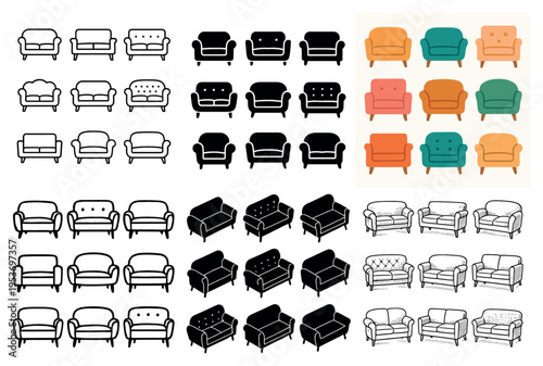 Furniture icons with sofa armchair loveseat minimal