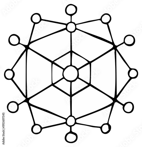 Abstract symmetrical snowflake like geometric pattern with connecting lines and circles