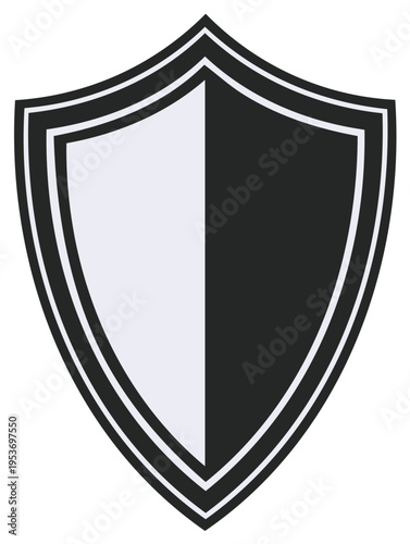 Graphic illustration of a symmetrical shield with two colored halves.