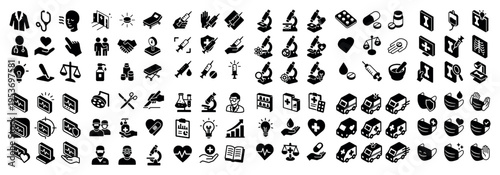 Healthcare icons with microscope ambulance mask flat