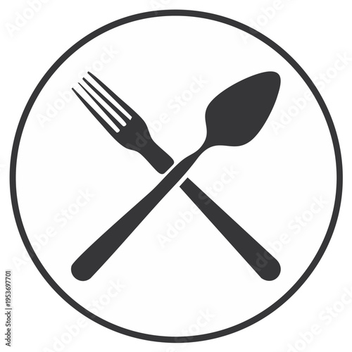 Crossed fork and spoon symbol in a circle.
