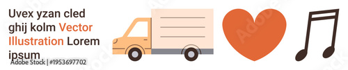 Logistics, transportation services, music appreciation, delivery, shipping, artistic creation. Truck, heart and note as minimal icons. Logistics and music appreciation