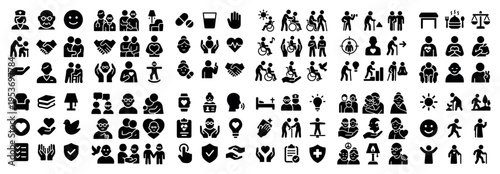 Healthcare icons with heart hand people solid