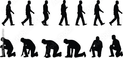 Vector illustration of human silhouettes transitioning from walking to kneeling, symbolizing motion, gesture recognition, animation, fitness, exercise, dynamic movement, physical activity