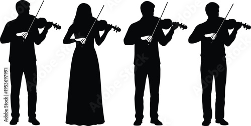 Vector illustration of musicians silhouettes playing violins, symbolizing orchestra, performance, rehearsal, classical music, concert, harmony, art, entertainment, culture, and creative 