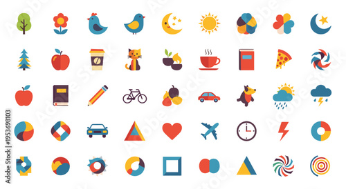 Set of colorful flat vector icons representing nature and objects